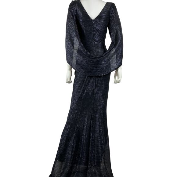 Betsy & Adam Blue Polyester Cape Sleeve Metallic Crinkle Gown Size 4 - Picture 2 of 4